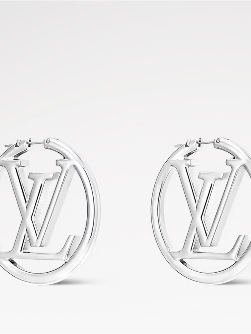 18k White Gold Plated LV Monogram Hoop Earrings - Picture 2 of 5